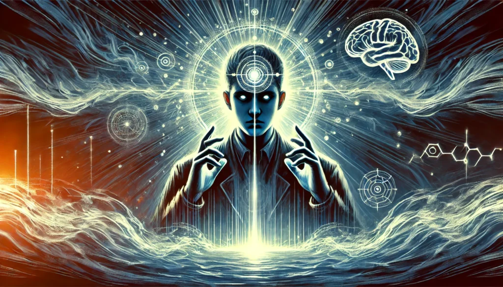 DALL·E 2025 02 21 20.12.20 A Landscape Oriented Thumbnail Sized Digital Illustration Of A Mentalist Demonstrating Telepathic Abilities. The Mentalist Is Depicted With An Intense 1024x585